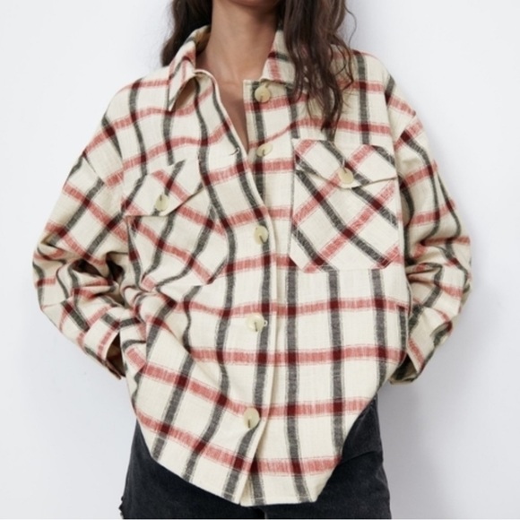 Zara Check Plaid Over-shirt Jacket Shacket. Red, Grey, Off White. Size XS - Picture 1 of 16